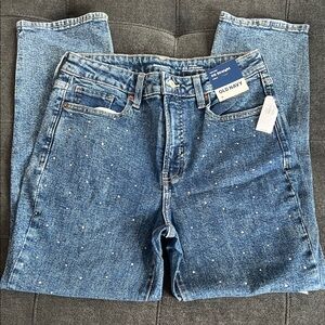 NWT Old Navy High-Rise OG Straight Ankle Rhinestone Front dark blue Jeans